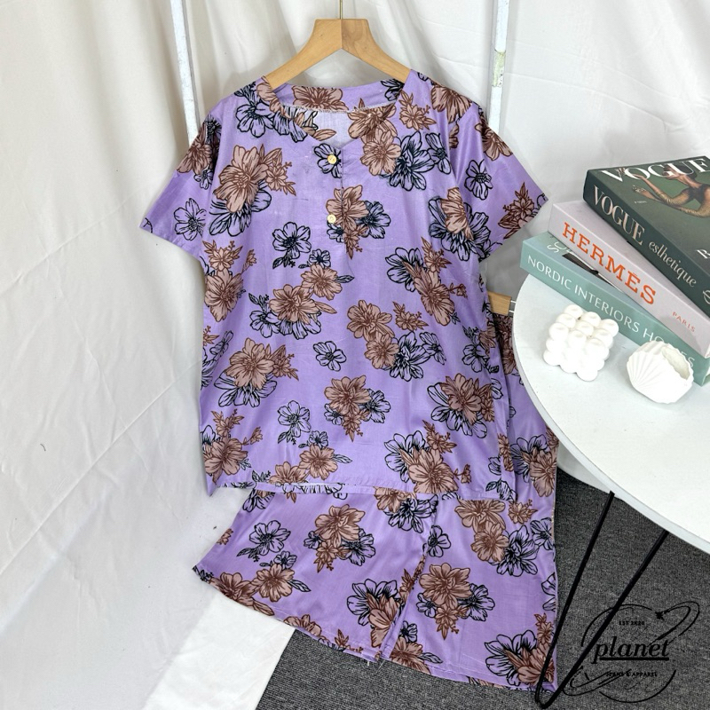 BAJU TIDUR PIYAMA RAYON ONE WAN SET WANITA SETELAN BAJU PIYAMA CELANA PENDEK LENGAN PENDEK BUNGA BUN