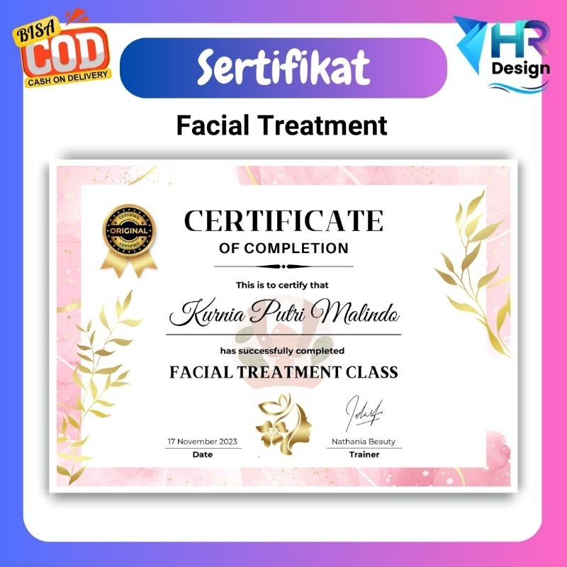 Cetak Sertifikat Facial Treatement / Piagam Sertifikat Kursus Kecantikan Sertifikat Kursus Salon