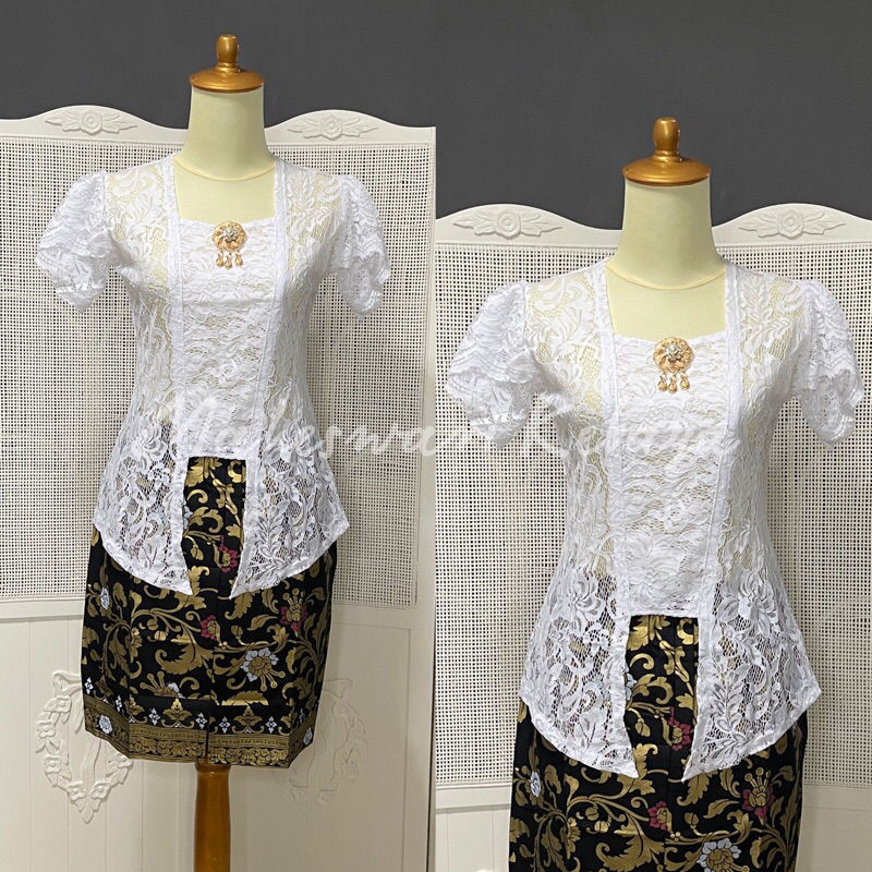Kebaya Bali Set Brukat Lilit Putih Rok Pendek