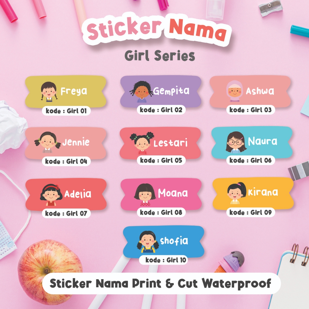 

Stiker Nama Waterproof Cewek Cowok, Label Nama Girl Boy tumbler, kotak pensil, Print and Cut Karakter