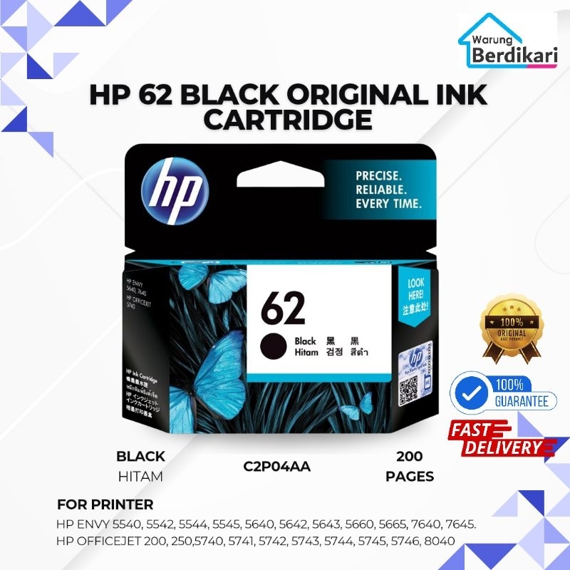 Tinta Printer HP 62 Black Original Ink Cartridge