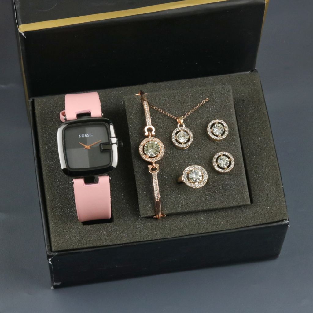 HAMPERS PAKET JAM TANGAN WANITA ANALOG INCLUDE KOTAK/BOX FREE ACC GELANG, KALUNG, ANTING-ANTING DAN 