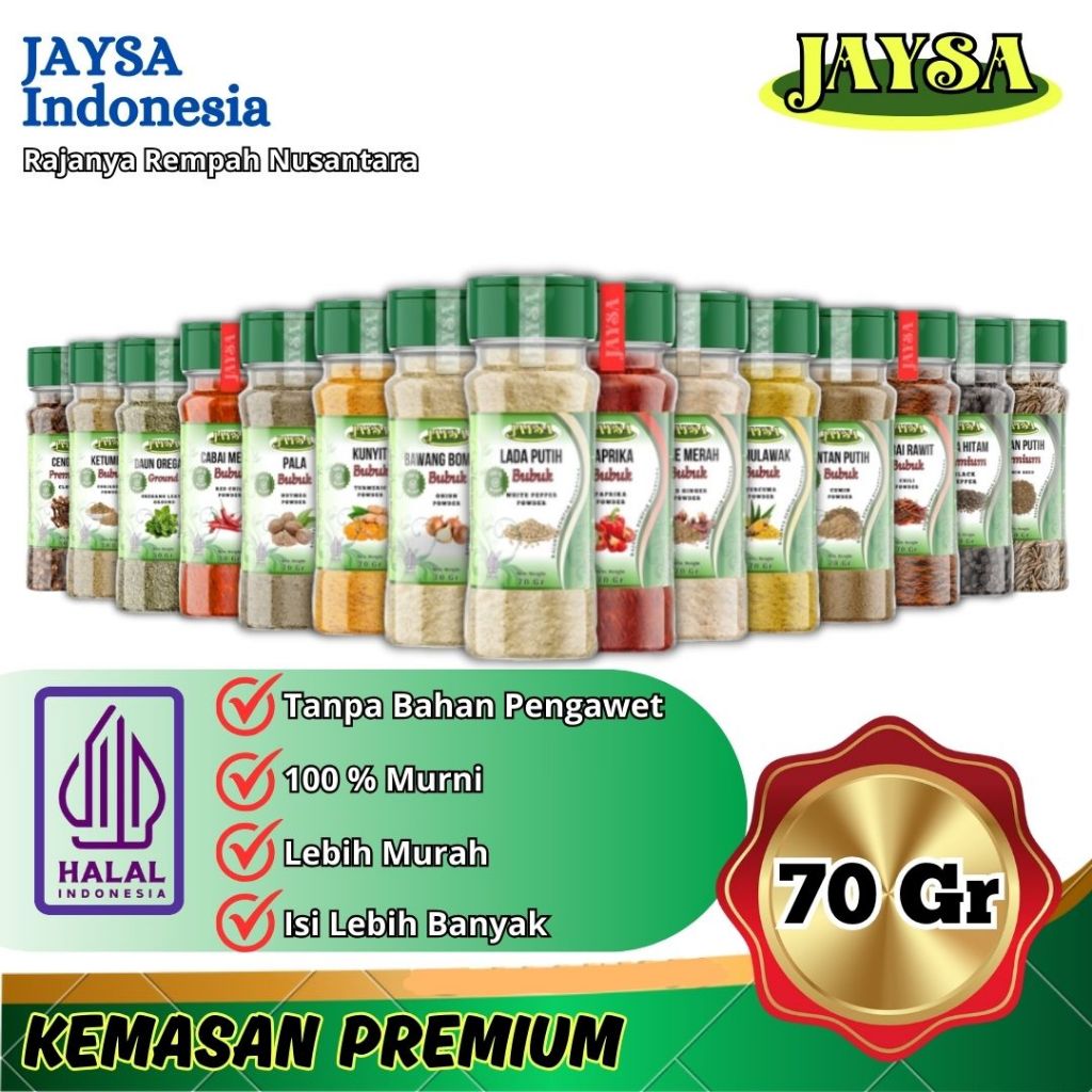 

JAYSA - Rempah Botol 70 gr / Bumbu Dapur Murah / Rempah Kemasan Praktis / Bumbu Masak Instant / Bumbu Dapur Lengkap / Bumbu Rempah Murni / Bumbu Instan / Lada Hitam / Lada Putih / Kunyit Bubuk / Bawang Putih / Jahe / Ketumbar / Cabai Rawit Bubuk