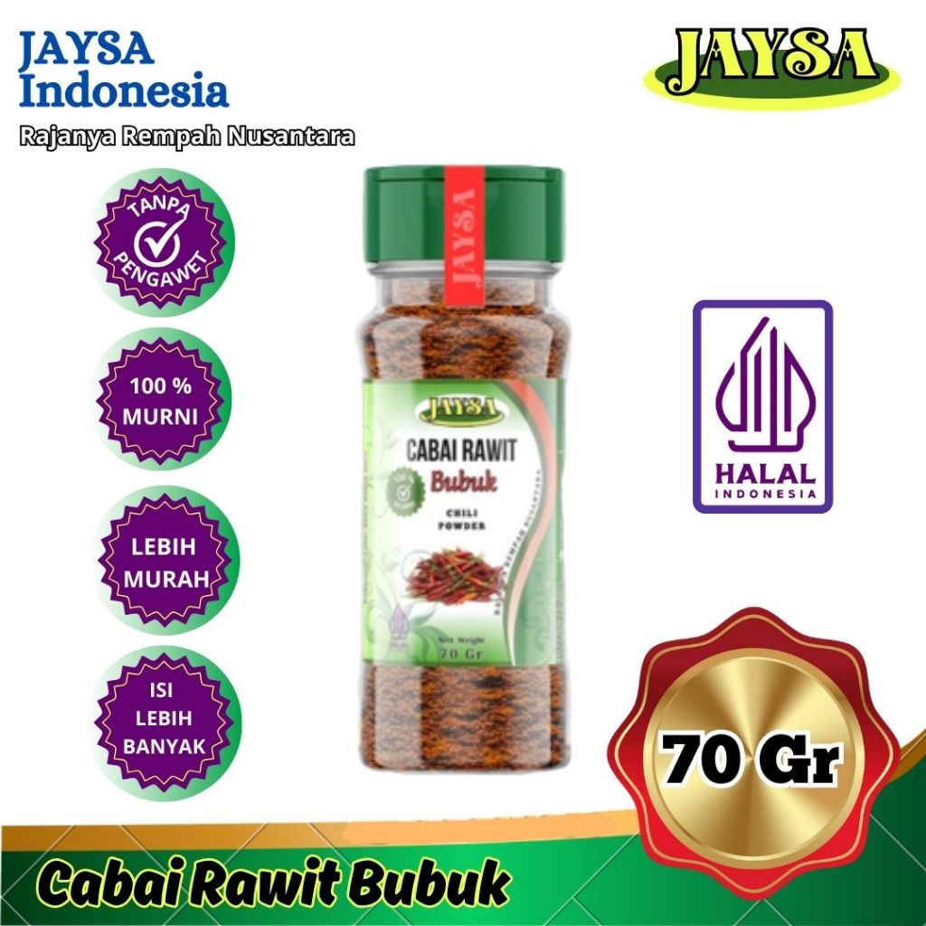 

JAYSA Cabai Rawit Bubuk 70 gr / Cabe Pedas Halus / Cabe Bubuk Murni / Cayenne Powder / Cabai Bubuk Ekstra Pedas / Chili Powder Extra Hot / Cayenne Bubuk / Red Cayene Powder / Cayenne Ground / Hot Pepper Chili / Bubuk Cabai Kecil / Cabe Bubuk Extra Pedas