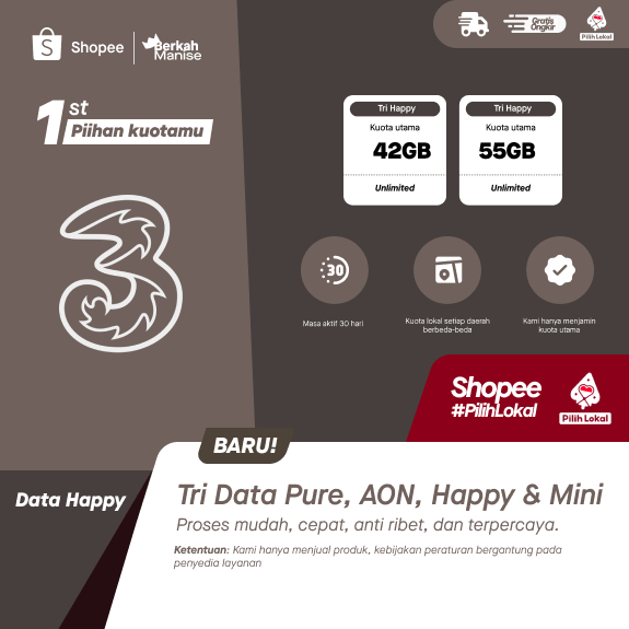 Promo Paket Data Tri Always On, Happy, Mini, Pure Full Kuota 24 Jam Non Stop Terlengkap dan Termurah
