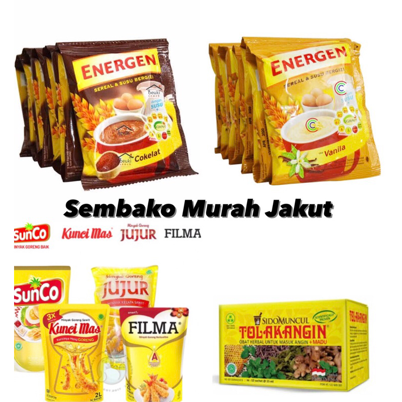 

Paket sembako Murah Energen 1 rcg, Minyak 2L, Tolak Angin 1 dus