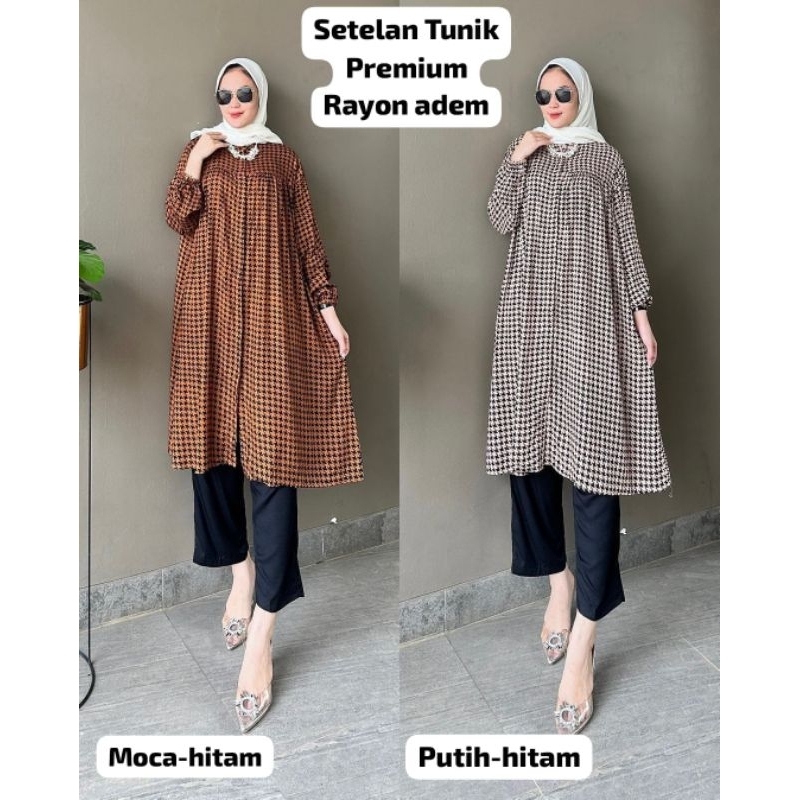 SET LONGTUNIK MOZAIK | Setelan tunik rayon panjang wanita motif kotak