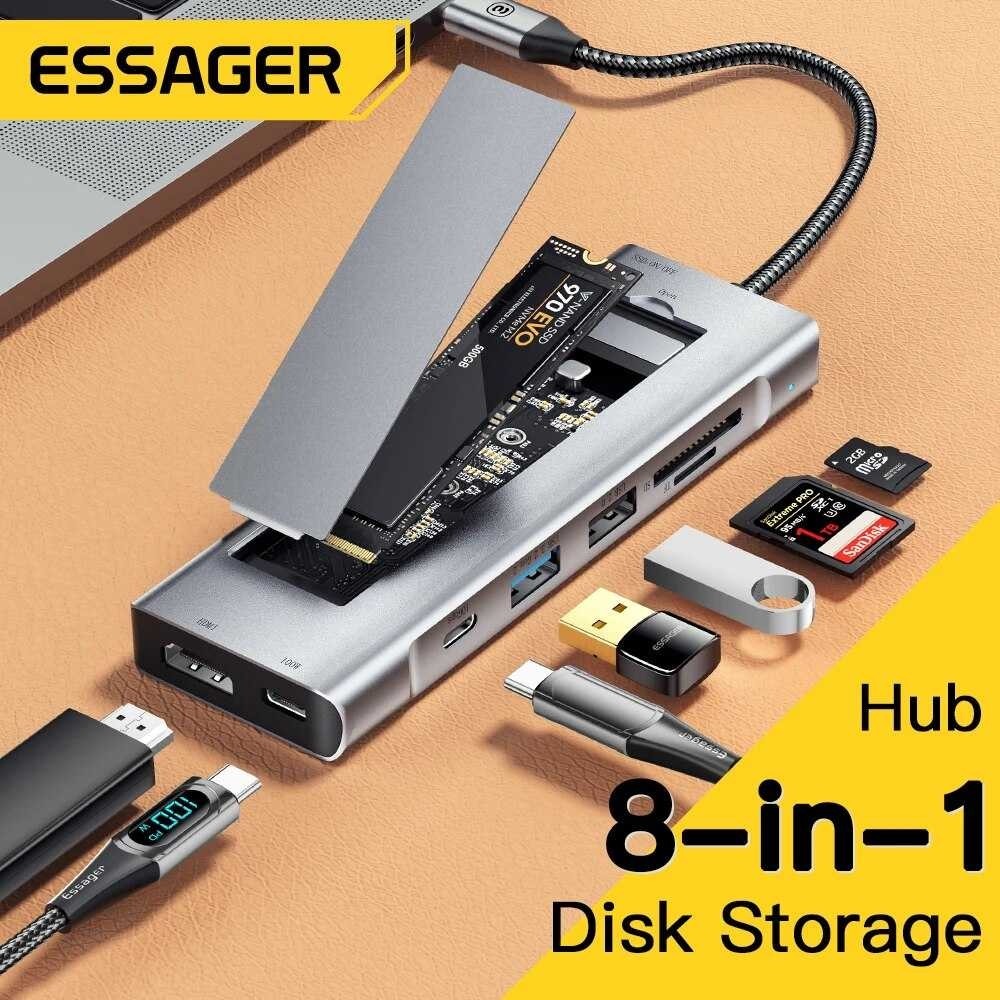 [QS] ESSAGER USB Hub Type C Adapter 8in1 USB 3.2 SD TF HDMI SSD PD 100W - ES-TA08
