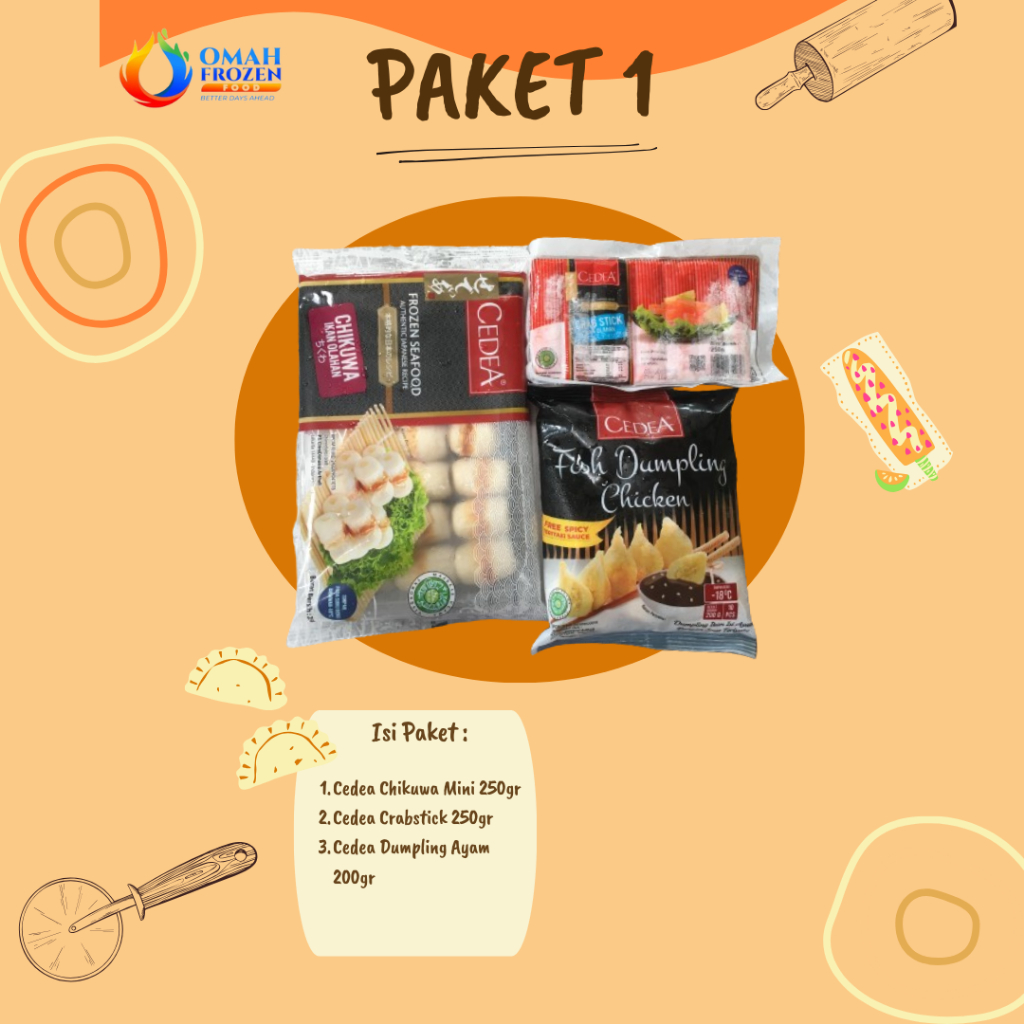 

Paket 1 Paket Frozen Food (Cedea Chikuwa, Cedea Crabstick, Cedea Dumpling Ayam) (NON COD DILUAR KOTA JATENG)