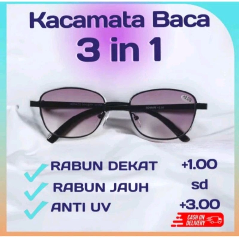 Kacamata Baca Plus 3 in 1 Bisa Baca Dan jalan + Anti silau Lensa warna Gradient Kacamata Plus