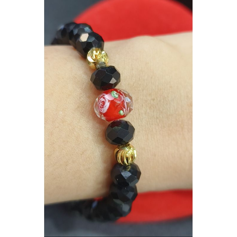 gelang tangan kristal ceko kombinasi batu merah bunga
