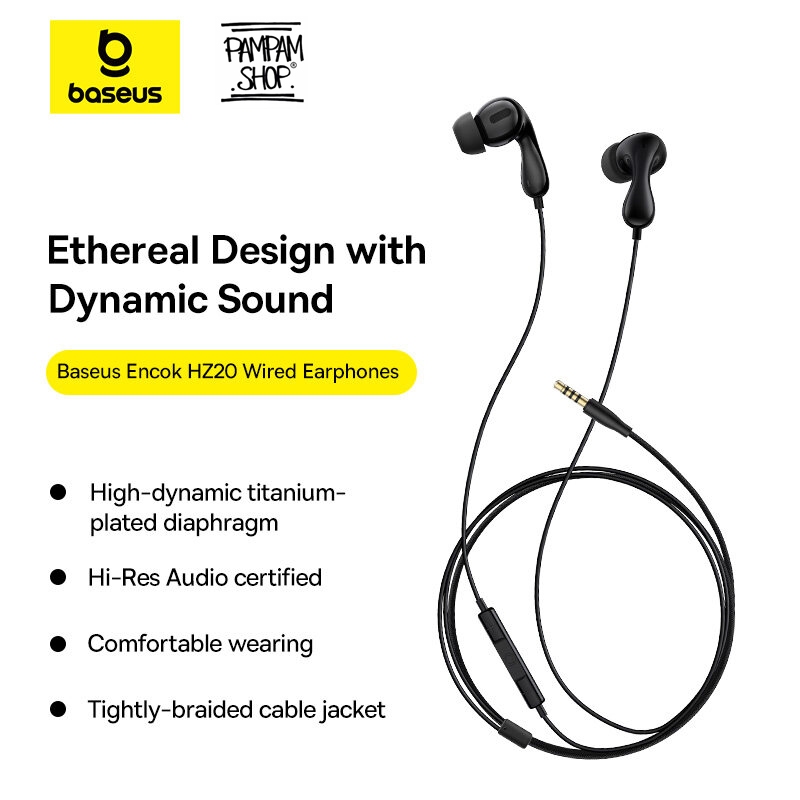 Baseus Headset Encok HZ20 Hi Res Dynamic Sound Jack Audio 3.5mm Wired Earphone Handsfree Kabel Ori O