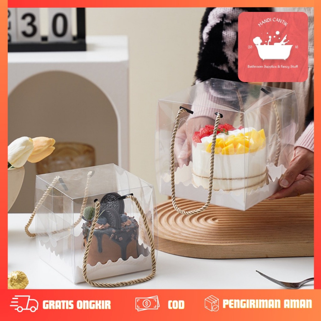 Kotak Box Mika Tali EMAS PERSEGI Transparan Dos Kue Tart Bento Cake Chiffon Pudding Bolu Mini Cupcak