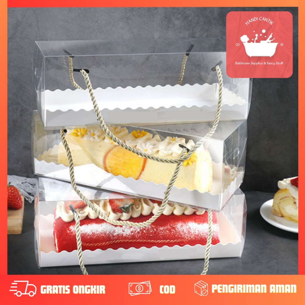 Kotak Box Mika Tali EMAS Transparan Dos Persegi panjang Roll Cake Bolu Gulung Tart Pudding Kue Brown