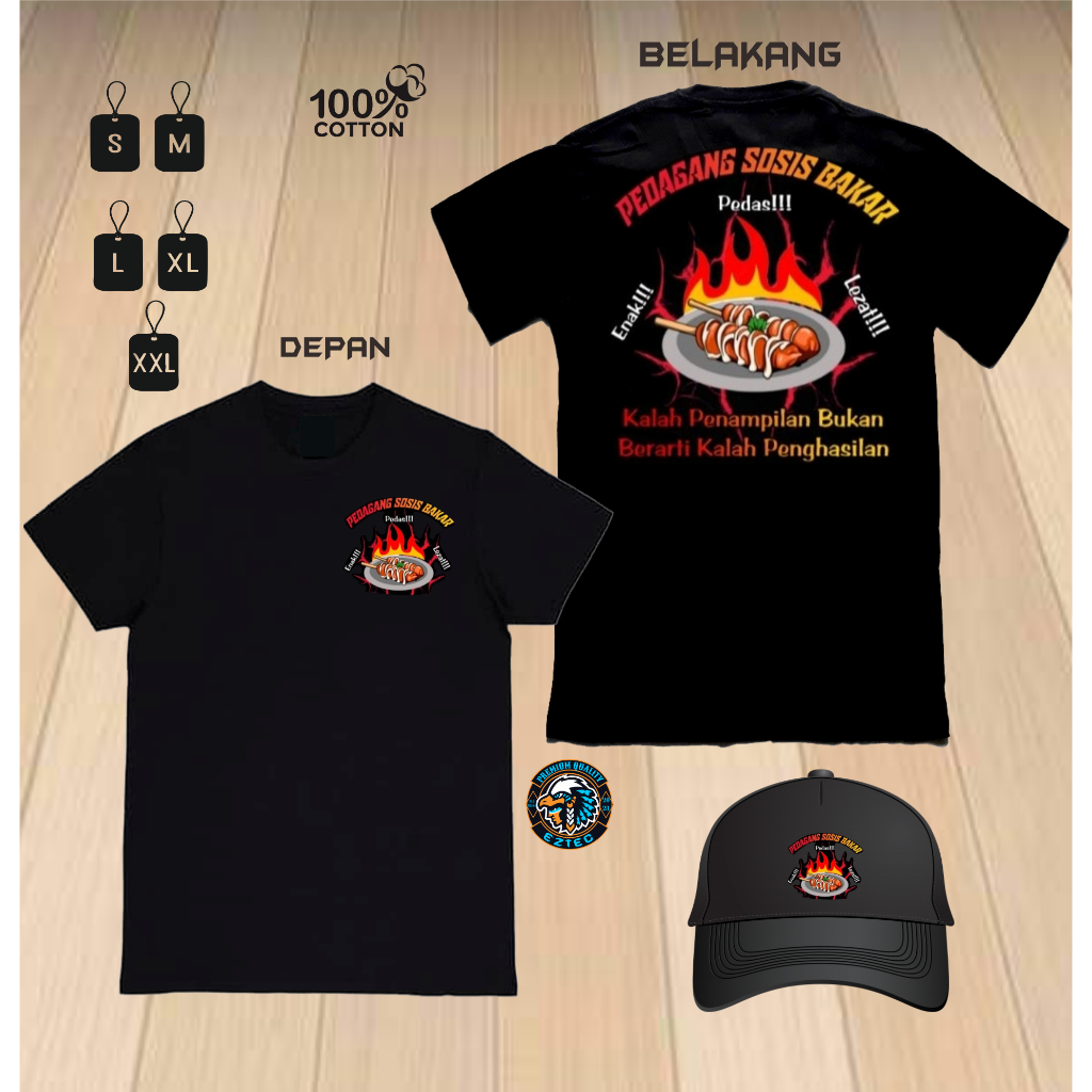 KAOS PEDAGANG SOSIS BAKAR ENAK PEDAS LEZAT BONUS TOPI JARING HITAM KEREN DOUBLE D
