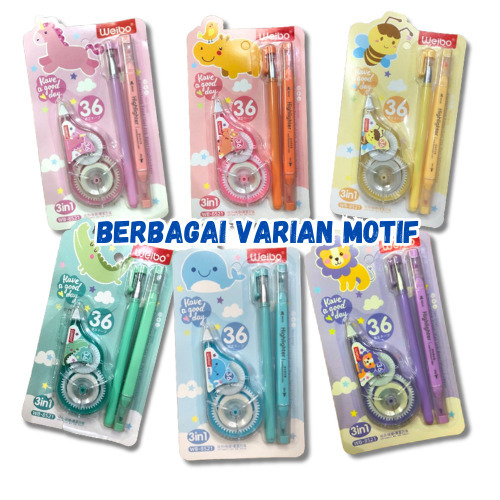 

Correction Tape 3 in 1 Impor Correction Tape Gel Ink Pen Highlighter Weibo #WB-8521 Set alat Tulis