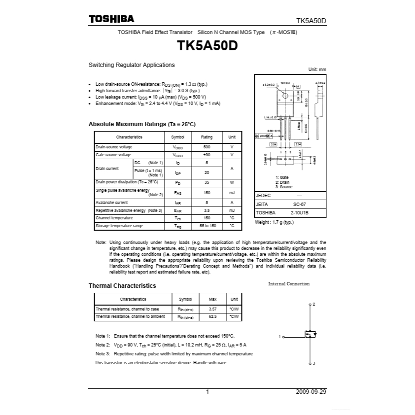 MOSFET K5A50D TO-220 ORIGINAL TOSHIBA // 5A50D