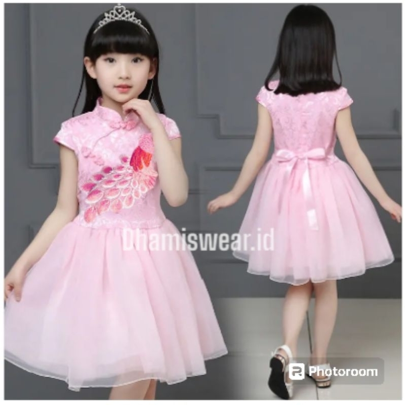 120 Dress Pesta Anak Tutu Cheongsam Qipao Pink Peacock