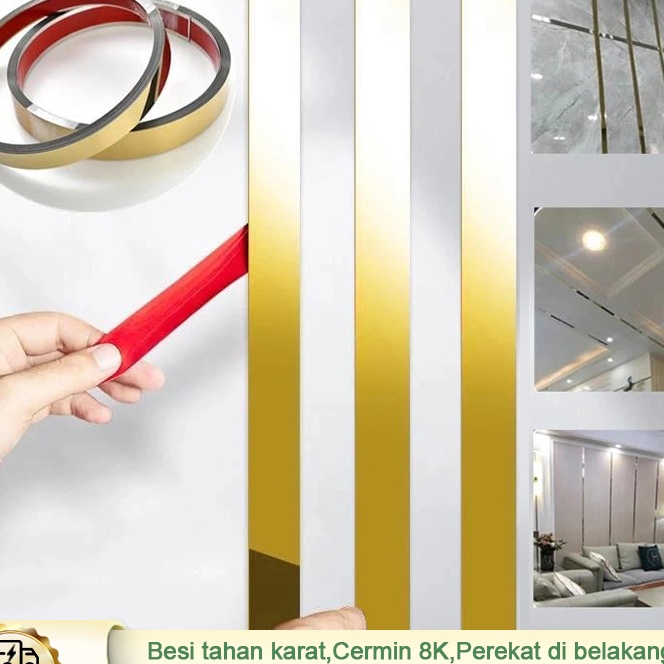 Sale 5M Rol Wall molding stiker dinding stainless steel List plat strip mirror gold cermin Perbatasa