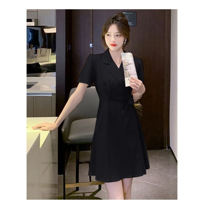dress wanita warna hitam cantik Korea lengan pendek