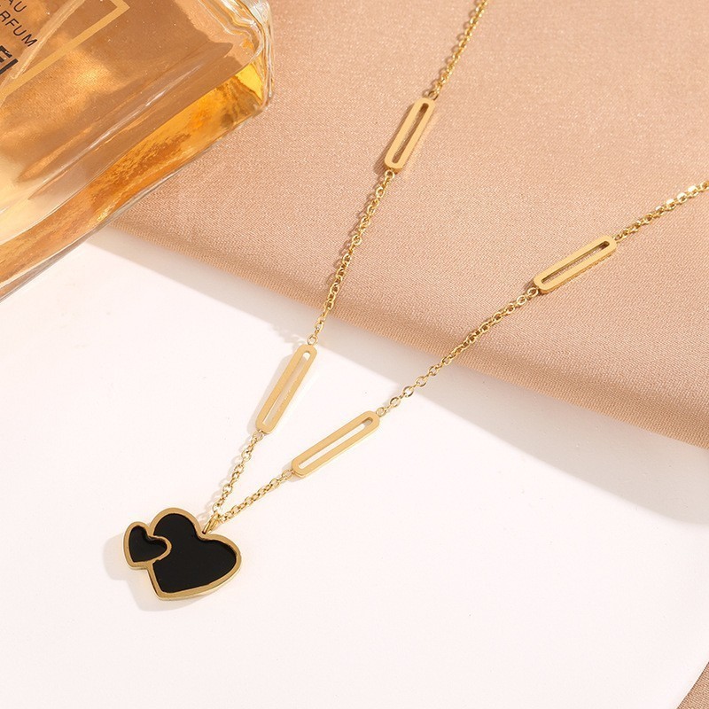 Kalung Wanita Gold Asli Titanium Rantai Strip Emas Liontin Love Hati Gandeng Hitam / Kalung Wanita I