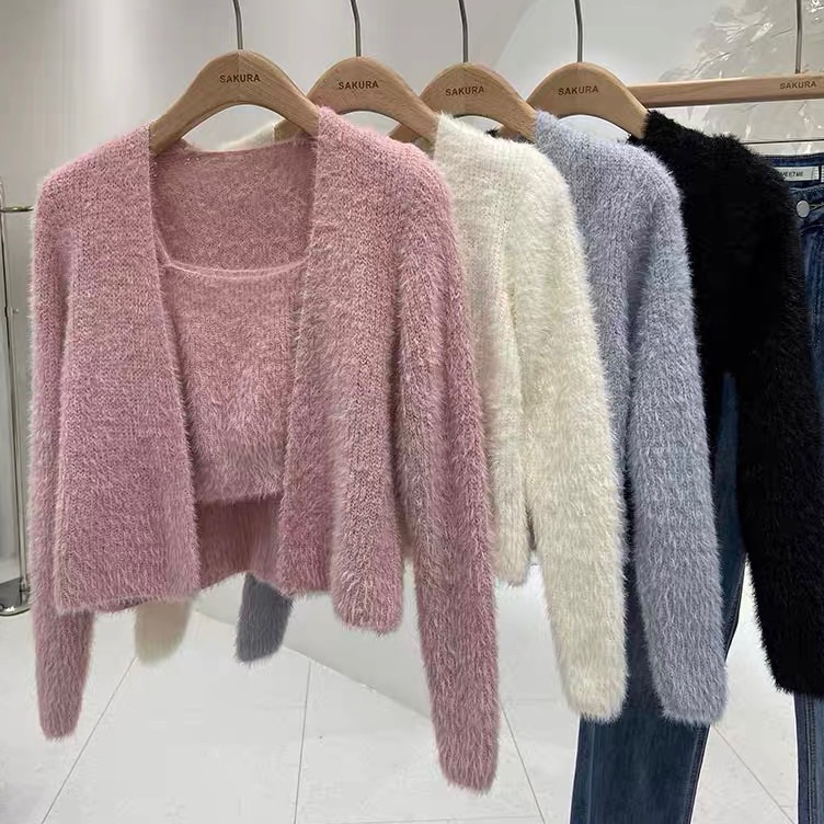 Borong Promo  GRANDY  Kyo Cardigan Tank Top Set  Luaran Atasan Fur Bulu Korea Wanita