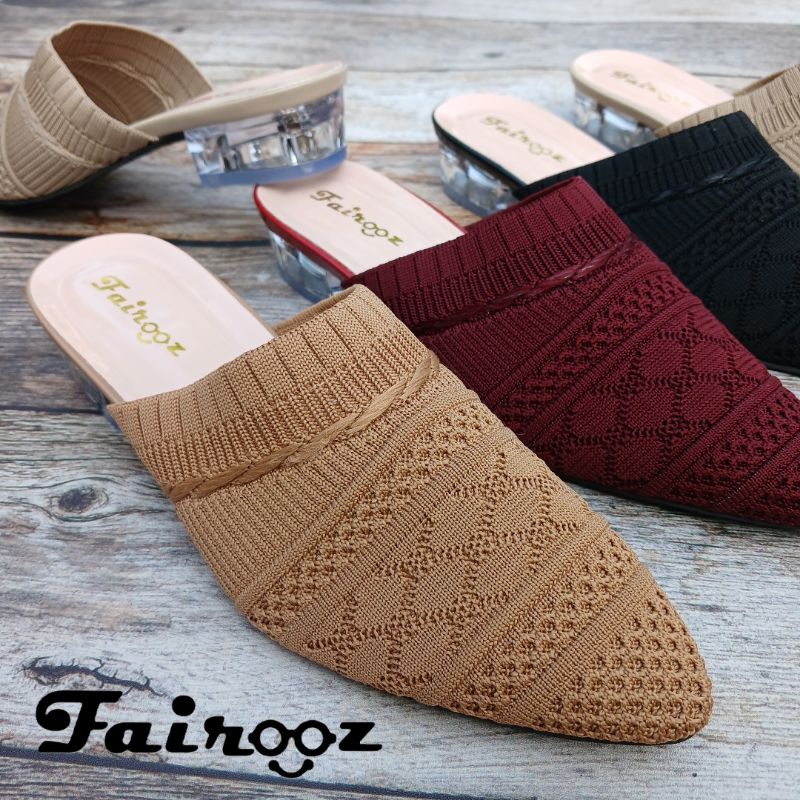 Fairooz - Sandal Selop/Mules Wanita Rajut Import Hak Kaca 3cm