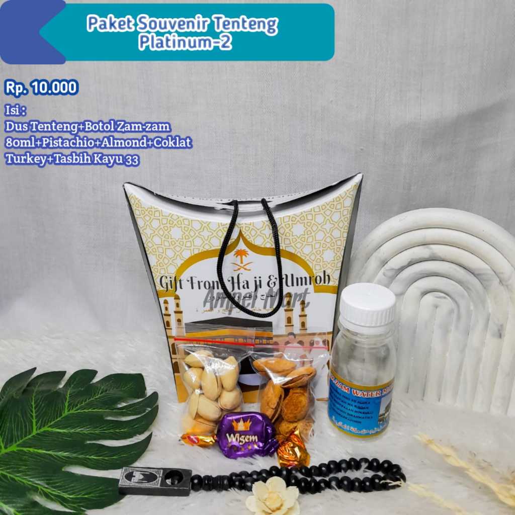 

PAKET SOUVENIR TENTENG PLATINUM OLEH-OLEH HAJI & UMROH Kemasan Tenteng Isi Air Zam-zam 30 ml Kurma,Almond,Kismis,Kacang Pistachio,Tasbih Kayu 33