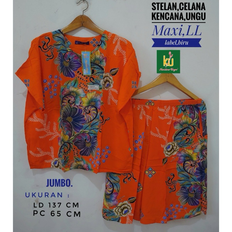 SETELAN CELANA KULOT BATIK KENCANA UNGU MAXI LL ASLI LABEL BIRU BABY DOLL JUMBO LD.137 CM /DASTER SE