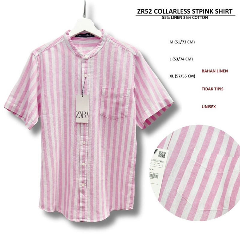 Kemeja Unisex Tanpa Kerah Stripe Pink brand ZARA Original