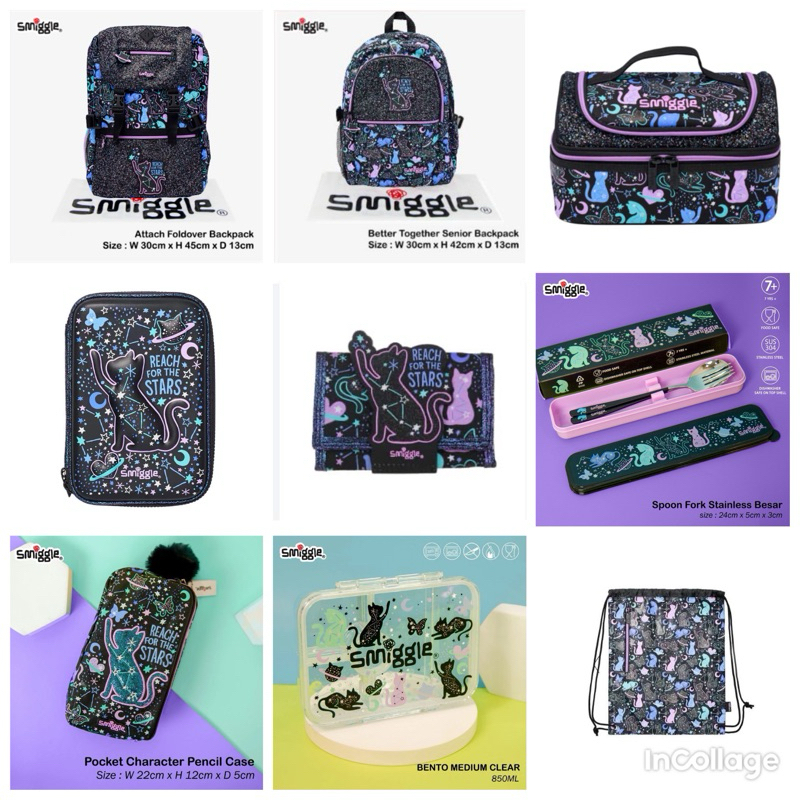 Smiggle Starry cat backpack/lunchbag/pencil case/bottle