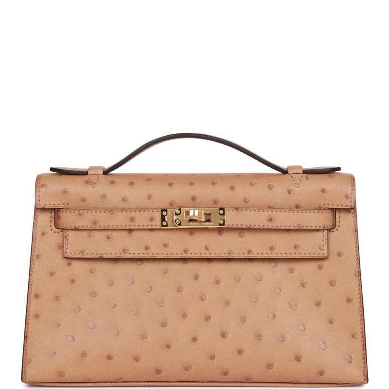 HM Ostrich KeIIy P0chette Caramel Gold Hardware