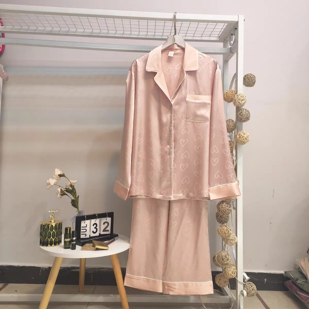 Baju rumahan wanita one set lengan panjang baju piyama tidur wanita sutra es korea style
