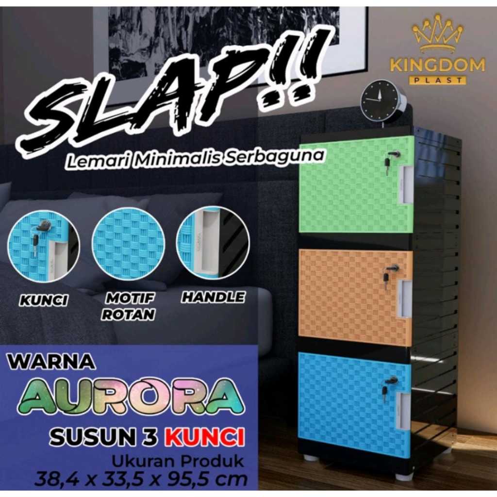 Lemari Plastik Kingdom Slap Aurora Pintu Kunci / Lemari Serbaguna 3 Susun