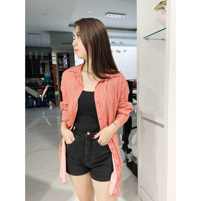 stripes shirt kemeja garis garis oversize salur wanita / kemeja panjang / kemeja jumbo salur wanita