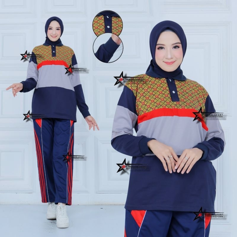 Setelan Baju Olahraga Senam Wanita Motif Batik / Setelan Kaos Senam / Seragam Olahraga