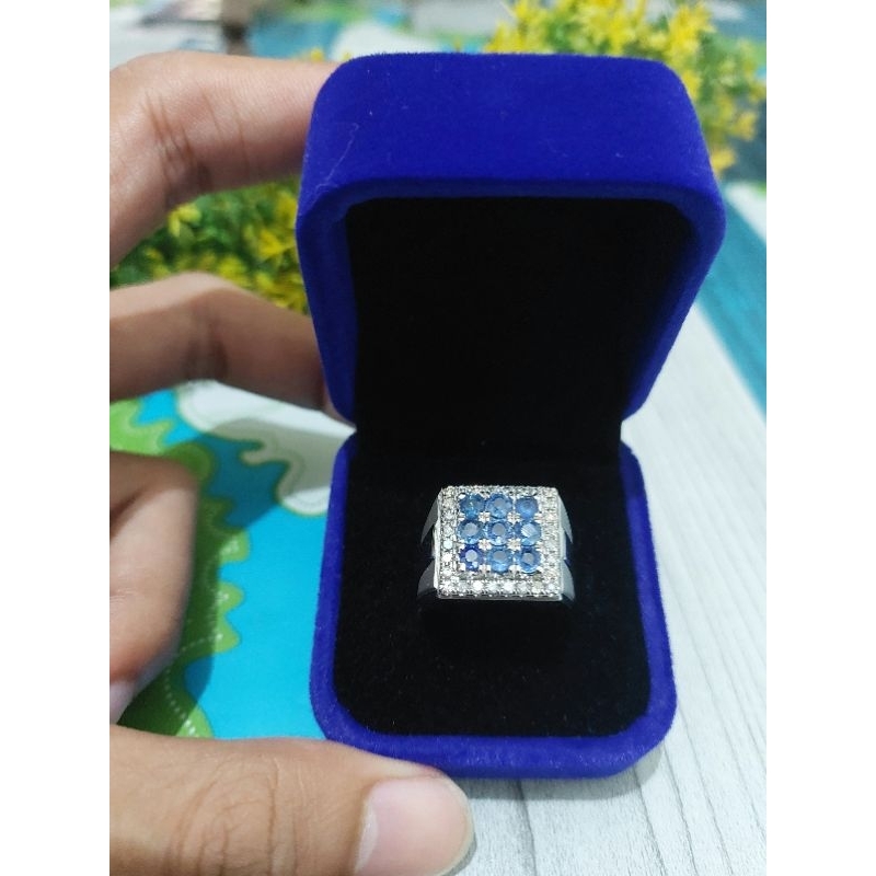 cincin silver handmade natural blue safir + berlian eropa
