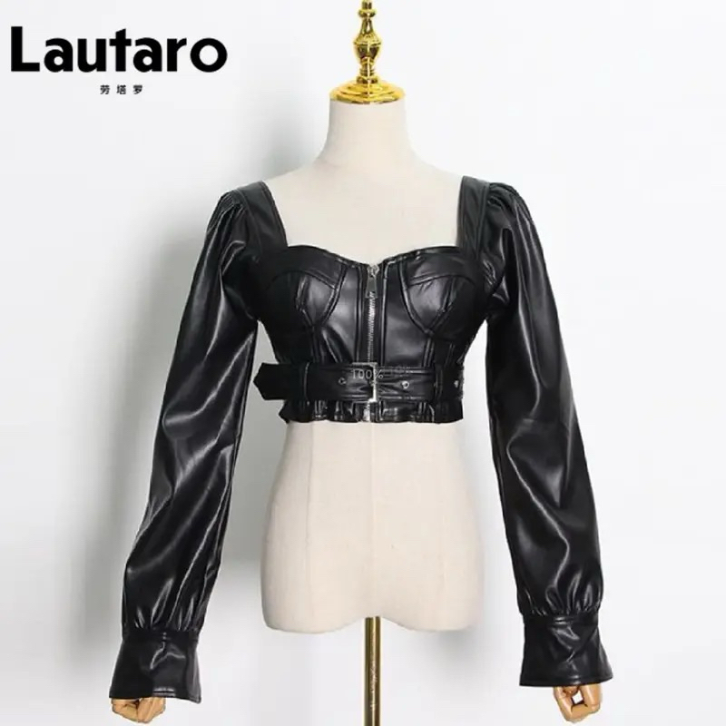 Dzakileather- Black Leather Crop Top Wanita Sexy Leher Terbuka Resleting Panjang Di Depan