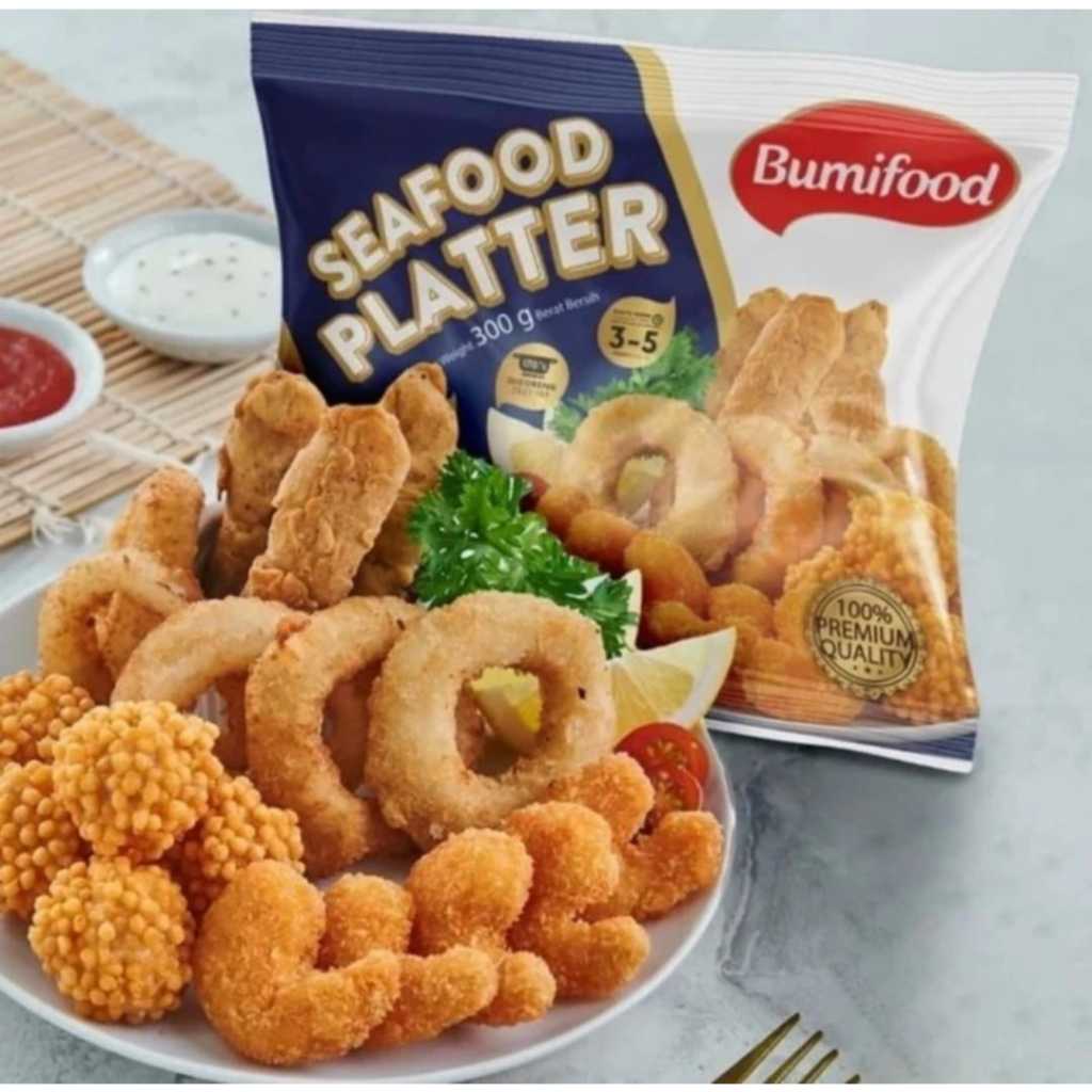 

Seafood Platter Mix Cumi Calamari Popcorn Udang Stik Ikan Onion Ring