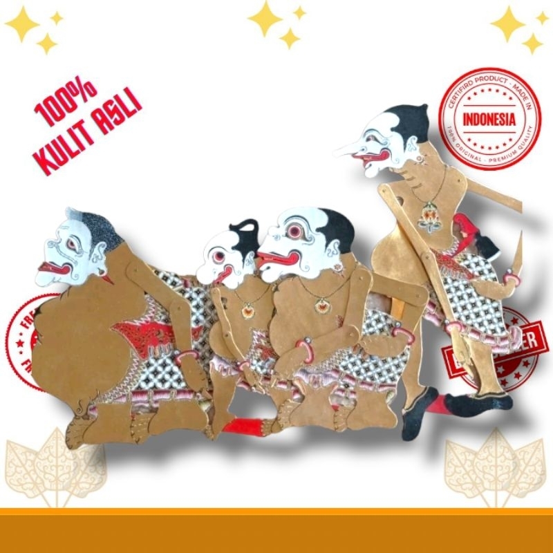 PUNOKAWAN / PUNAKAWAN Wayang Kulit Alusan 1 Set Punokawan Emas Grenjeng Ukuran Standar Dalang