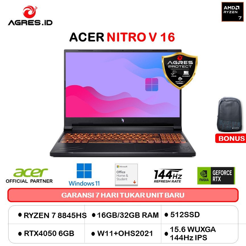 ACER NITRO V 16 RYZEN 7 8845HS RTX4050 6GB/ 16GB 512GB W11+OHS 16.0WUXGA 165HZ IPS 2Y+ADP -41.R77X