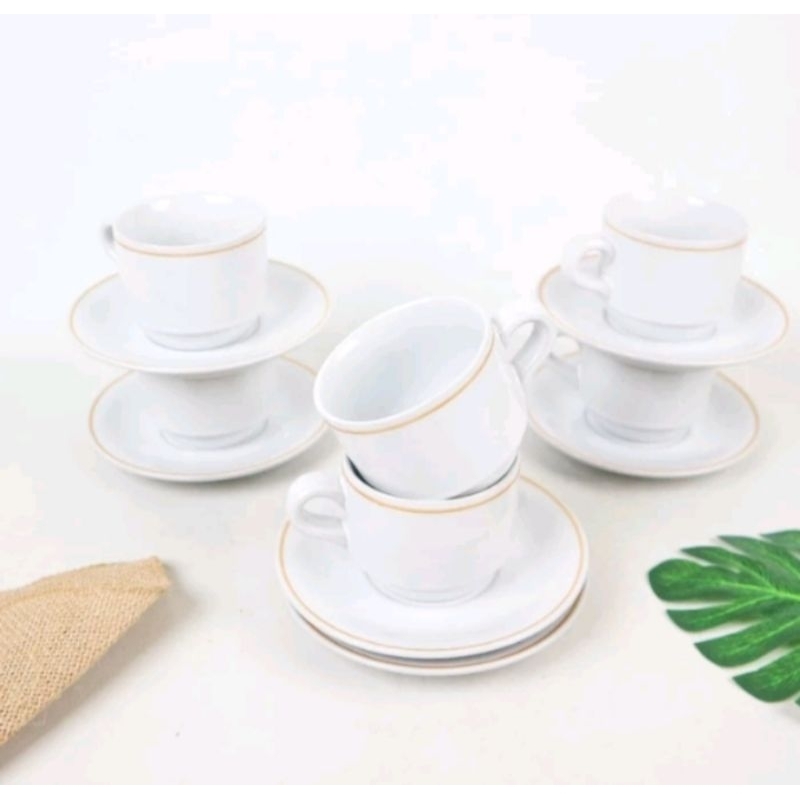6set TEA SET KRAMIK PUTIH LIST MAST / CANGKIR PIRING KRAMIK / CANGKIR KOPI SET / CANGKIR TEH / GELAS