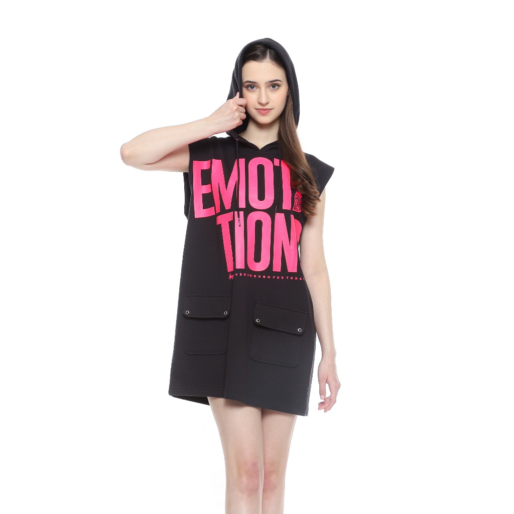 Enough - Hoodie Dress Saku Cargo Hitam Fuschia Pink Emotion Dress Tanpa Lengan Casual