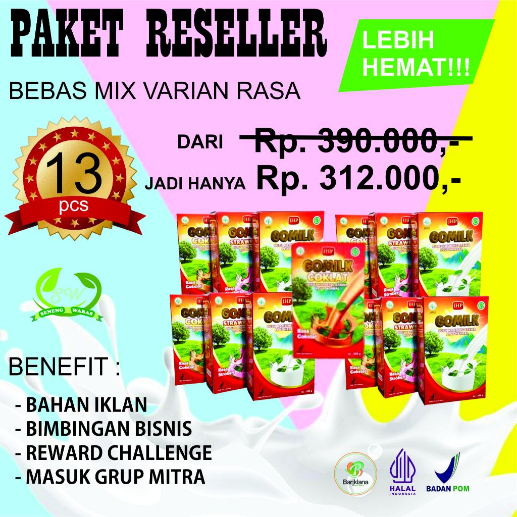 

PAKET RESELLER GOMILK Susu Kambing Etawa Plus Herbal Diskon 20% SENENGWARAS