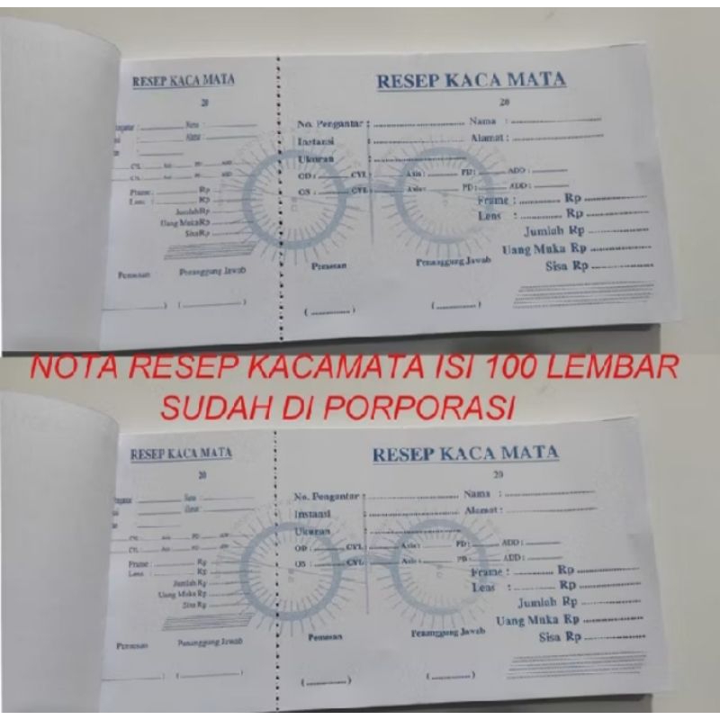 Nota Resep pembelian kacamata plus minus cylinder frame isi 100 lembar kwitansi