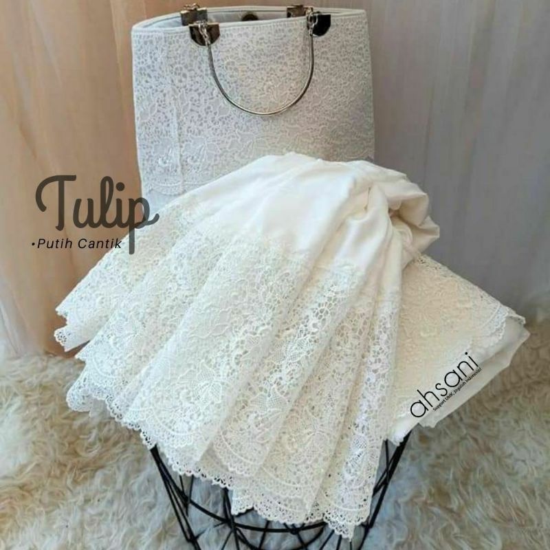 Ahsani Tulip Mukena Sutra Ori Cantik Warna Putih Renda Mukena Seserahan Plus BOX dan Tas Ekslusive b