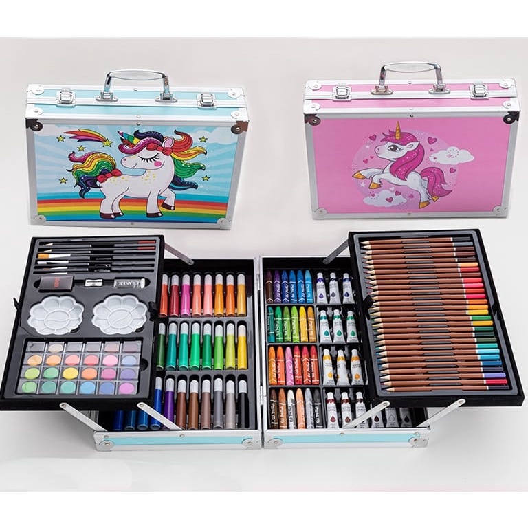 

WE Crayon Set 145pcs Koper Aluminium Besi Krayon Pensil Warna 145 Pcs Box Alat Lukis Anak Koper Set w V1G7
