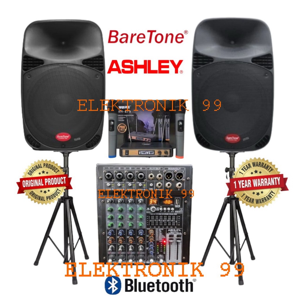Paket speaker Aktif Pasif baretone 15 inch ashley mixer sound system 4 channel