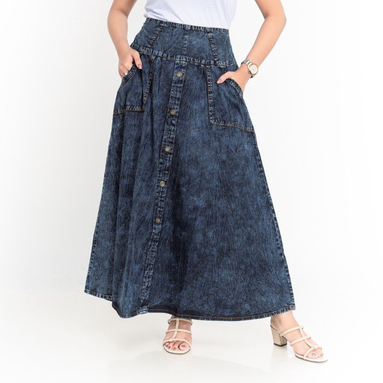 KODE U56K Molding  Rok Payung Jeans Hitam Snow Model Kancing Tengah Premium Original Molding All siz