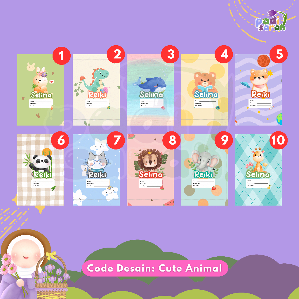 

(10 PCS) Sampul Buku Anak Lucu, Aesthetic, Bisa Custom Nama, Cover Buku